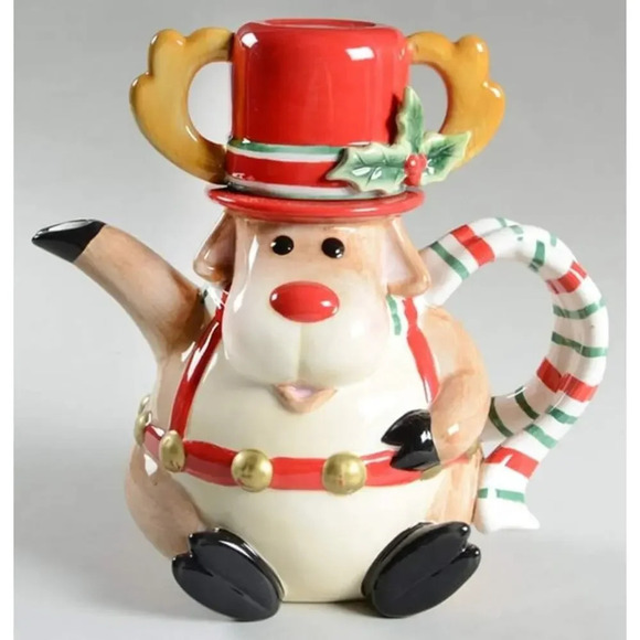 NEW IN BOX Fitz &‎ Floyd Reindeer Cocoa Pot Teapot Christmas Festive Decor 9" - Picture 1 of 8